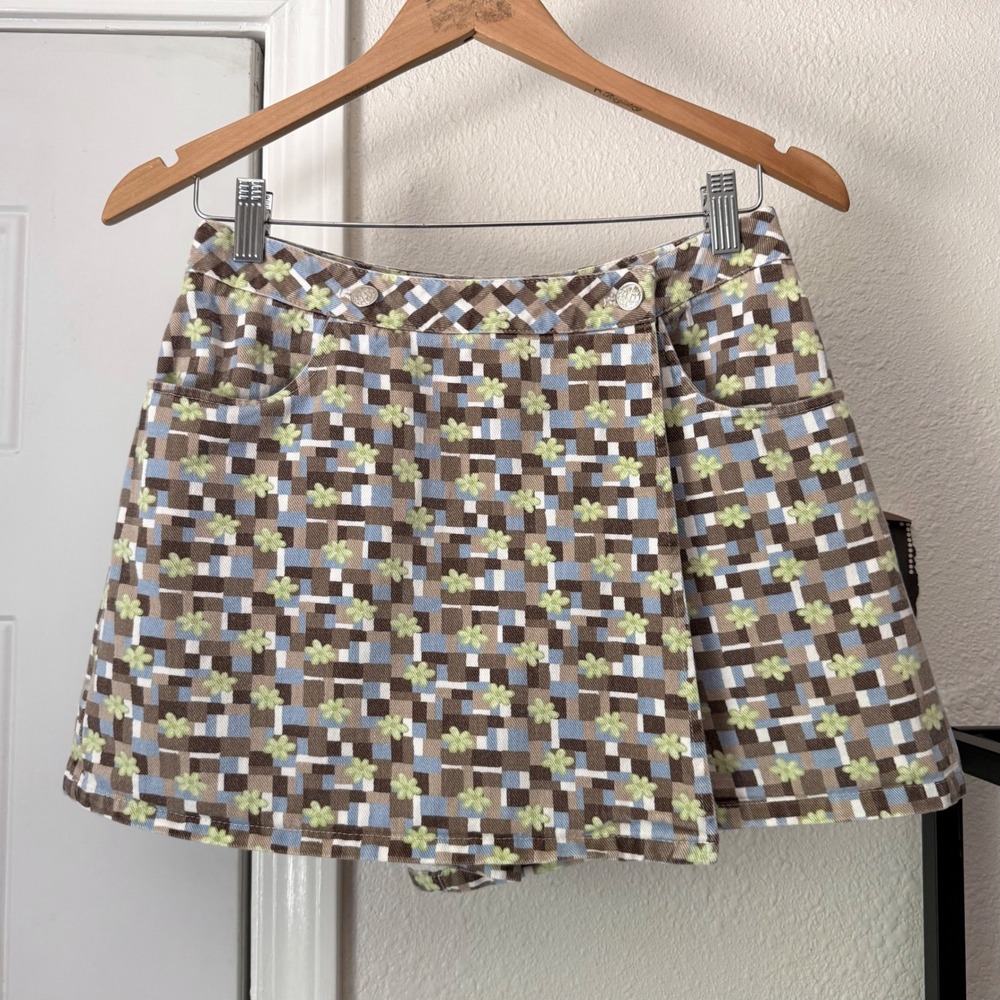 A. BYER vintage green multicolor floral high rise denim skirt shorts skort